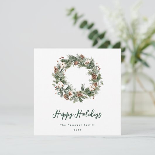 Rustic Pine Cotton Waterverf Greenery Wreath Feestdagenkaart (Staand voorkant)
