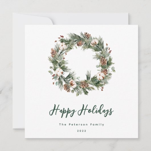 Rustic Pine Cotton Waterverf Greenery Wreath Feestdagenkaart (Voorkant)