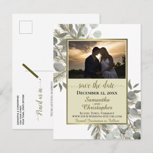 Rustic Pine & Eucalyptus Goud Save the Date Foto Aankondigingskaart (Voorkant / Achterkant)
