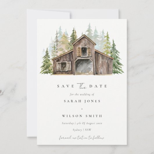 Rustic Pine Forest Barnyard Save the Date Card Bedankkaart (Voorkant)
