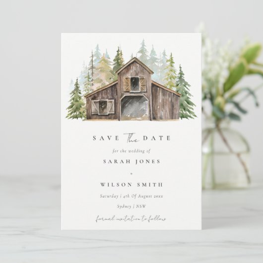 Rustic Pine Forest Barnyard Save the Date Card Bedankkaart (Staand voorkant)