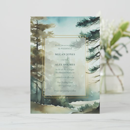 Rustic Pine Forest Waterverf huwelijksuitnodiging Kaart (Staand voorkant)