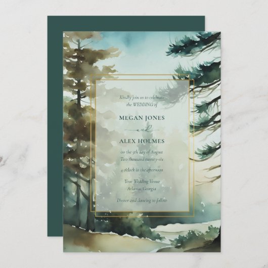 Rustic Pine Forest Waterverf huwelijksuitnodiging Kaart (Voorkant / Achterkant)
