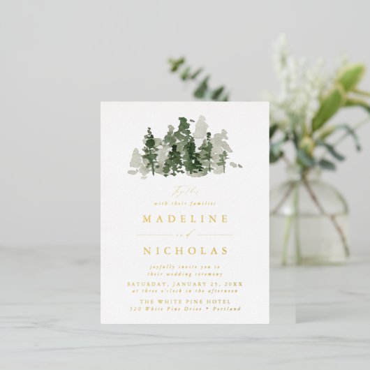 Rustic Pine Forest Wedding Folie Uitnodiging Briefkaart (Staand Voorkant)