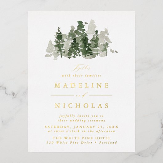 Rustic Pine Forest Wedding Folie Uitnodiging Briefkaart (Voorkant)