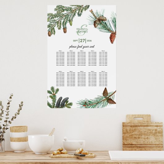 Rustic Pine Greenery Wedding Seating Chart Poster (Keuken)