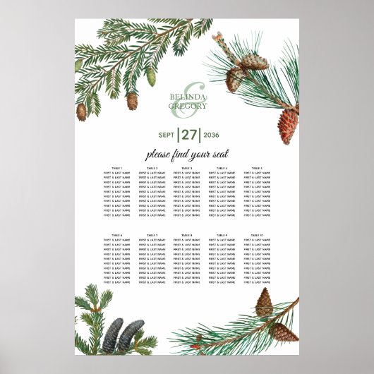 Rustic Pine Greenery Wedding Seating Chart Poster (Voorkant)