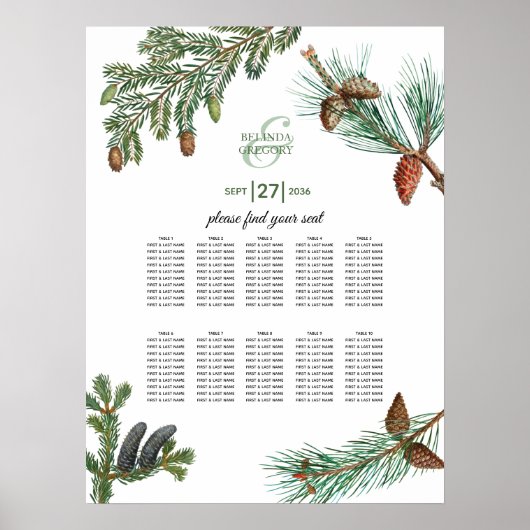 Rustic Pine Greenery Wedding Seating Chart Poster (Voorkant)