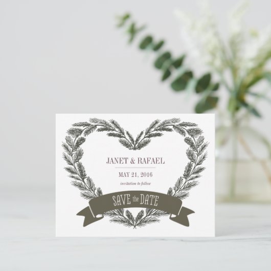 Rustic Pine Heart Save the Date Card (Staand voorkant)