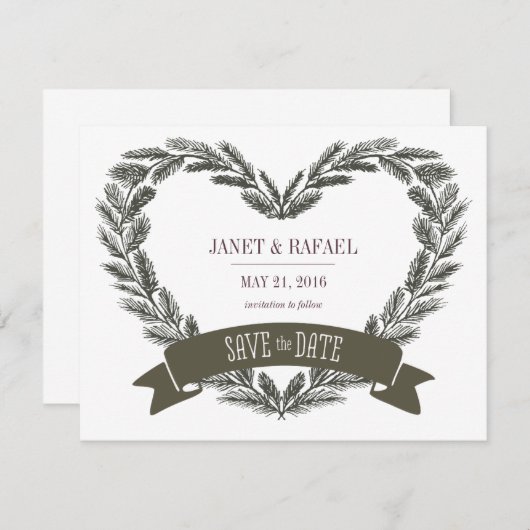 Rustic Pine Heart Save the Date Card (Voorkant / Achterkant)