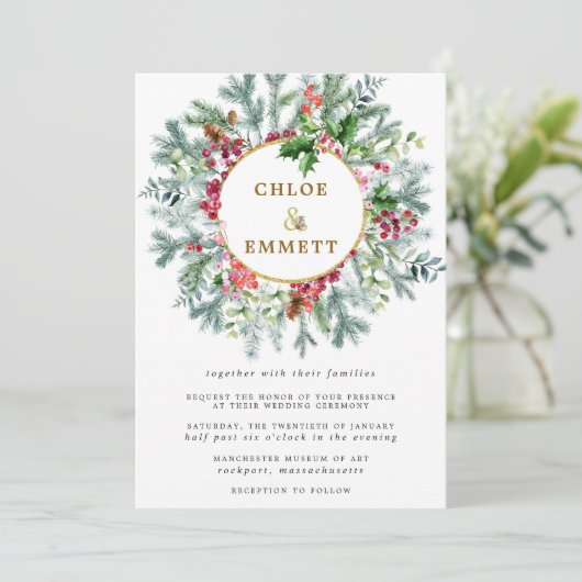 Rustic Pine, Holly en Berry Wreath Wedding Kaart (Staand voorkant)