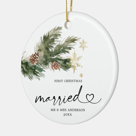 Rustic Pine Leaf First Kersthuwelijk Ornament (Links)