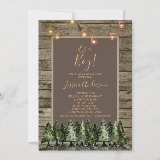 Rustic Pine Mason Jar String Light Baby shower Kaart (Voorkant)