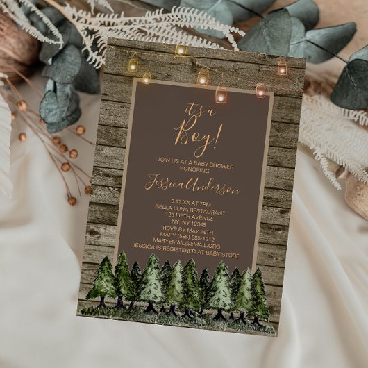 Rustic Pine Mason Jar String Light Baby shower Kaart