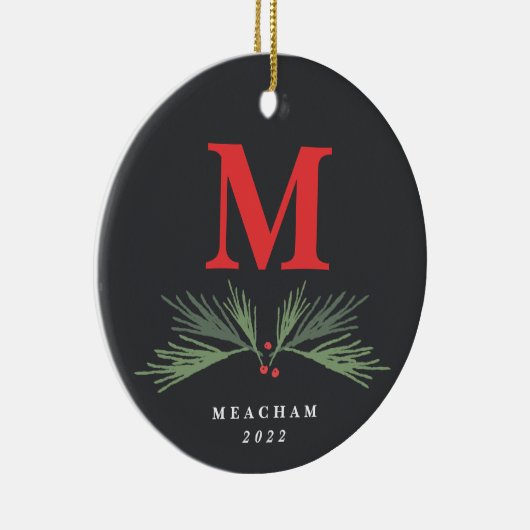 Rustic Pine Monogram met kerstmis Keramisch Ornament (Rechts)