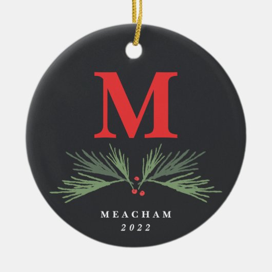 Rustic Pine Monogram met kerstmis Keramisch Ornament (Voorkant)