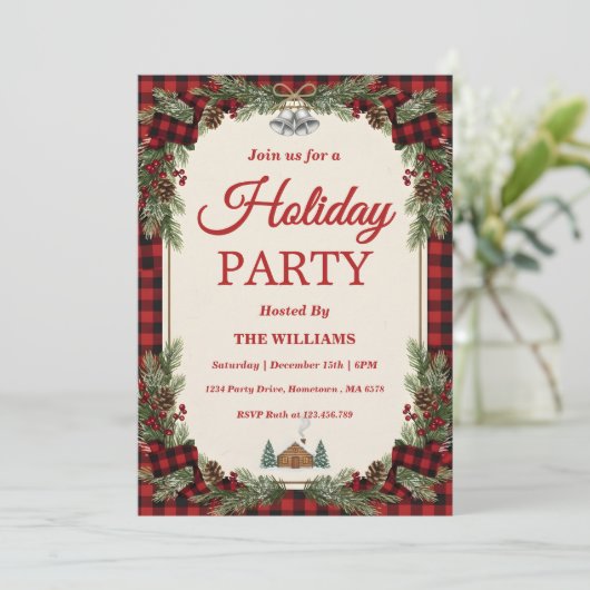 Rustic Pine & Plaid Holiday Party Kaart (Staand voorkant)