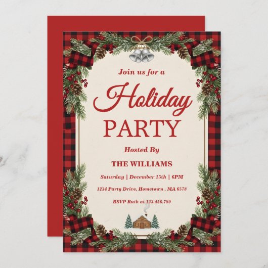 Rustic Pine & Plaid Holiday Party Kaart (Voorkant / Achterkant)
