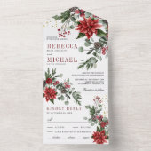 Rustic Pine Poinsettia Floral kerstbruiloft All In One Uitnodiging (Binnen)