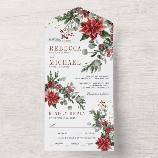 Rustic Pine Poinsettia Floral kerstbruiloft All In One Uitnodiging (Binnen)