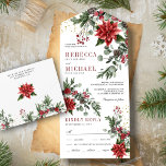 Rustic Pine Poinsettia Floral kerstbruiloft All In One Uitnodiging<br><div class="desc">Verrijk je gasten met deze elegante bruiloft-uitnodiging met mooie rode punsettia-bloemen met dennenkegels en -bladeren. Voeg eenvoudig uw gebeurtenisdetails op deze makkelijk te gebruiken sjabloon toe om het één-van-een-soort uitnodiging te maken.</div>