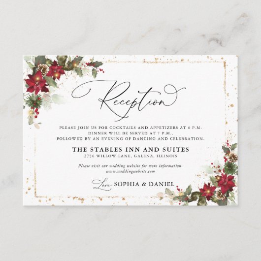 Rustic Pine Poinsettia Floral kerstbruiloft Informatiekaartje (Voorkant)