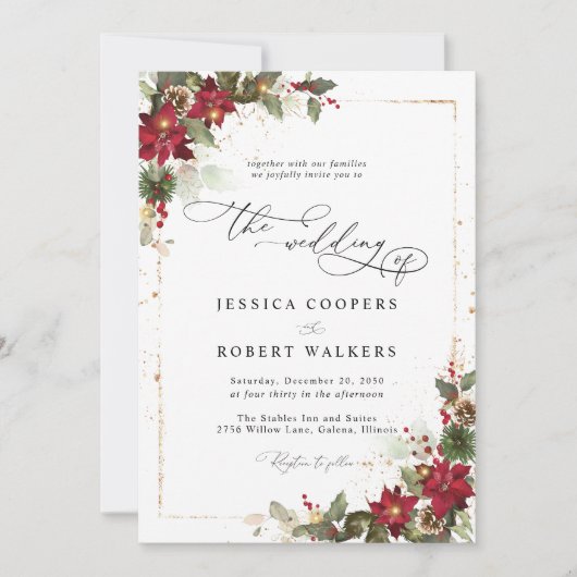 Rustic Pine Poinsettia Floral kerstbruiloft Kaart (Voorkant)