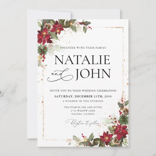 Rustic Pine Poinsettia Floral kerstbruiloft Kaart (Voorkant)