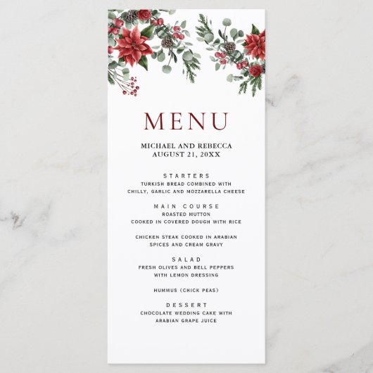 Rustic Pine Poinsettia Floral kerstbruiloft Menu (Voorkant)