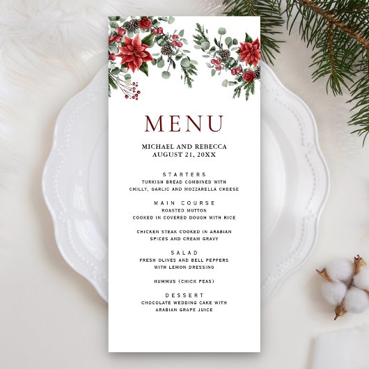 Rustic Pine Poinsettia Floral kerstbruiloft Menu