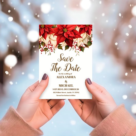 Rustic Pine Poinsettia Floral kerstbruiloft Save The Date