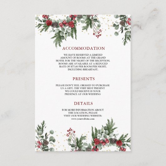 Rustic Pine Red Floral Christmas Wedding Details Informatiekaartje (Voorkant)
