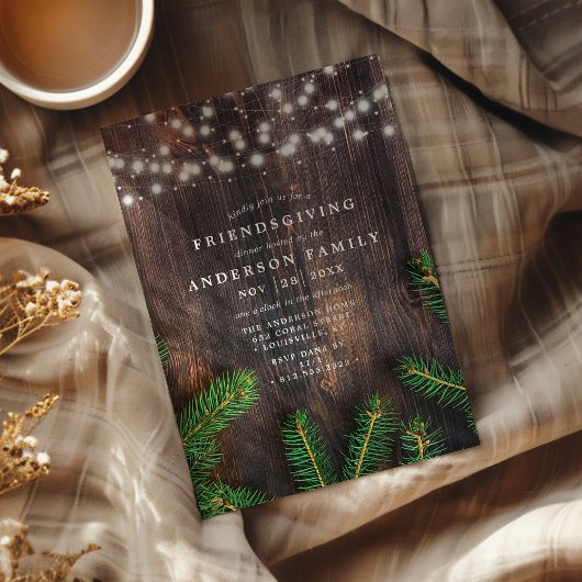 Rustic Pine String Lights Houts Friendsgiving Part Kaart