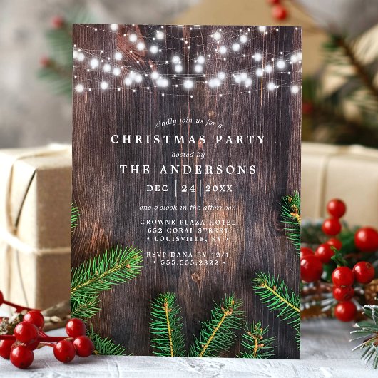 Rustic Pine String Lights Wood Kerstfeest Kaart