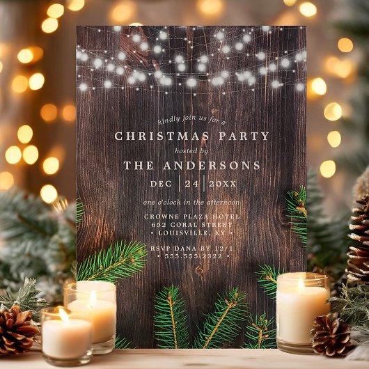 Rustic Pine String Lights Wood Kerstfeest Kaart