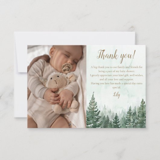 Rustic Pine Tree Forest Baby shower Foto Bedankkaart (Voorkant)