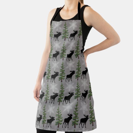 Rustic Pine Tree Moose All-Over Print Apron Schort (Insitu)
