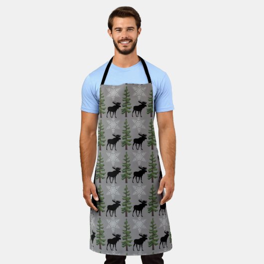 Rustic Pine Tree Moose All-Over Print Apron Schort (Gedragen)