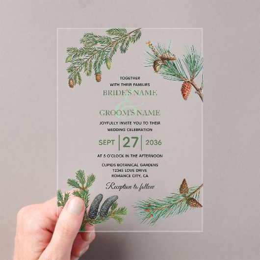 Rustic Pine Trees Forest Greenery Wedding Acryl Uitnodigingen (Insitu (Draagbaar))