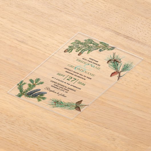 Rustic Pine Trees Forest Greenery Wedding Acryl Uitnodigingen (Laagn)
