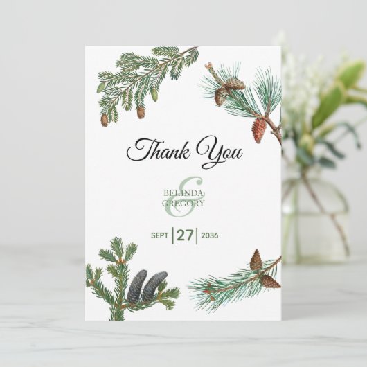 Rustic Pine Trees Forest Greenery Wedding Bedankkaart (Staand voorkant)