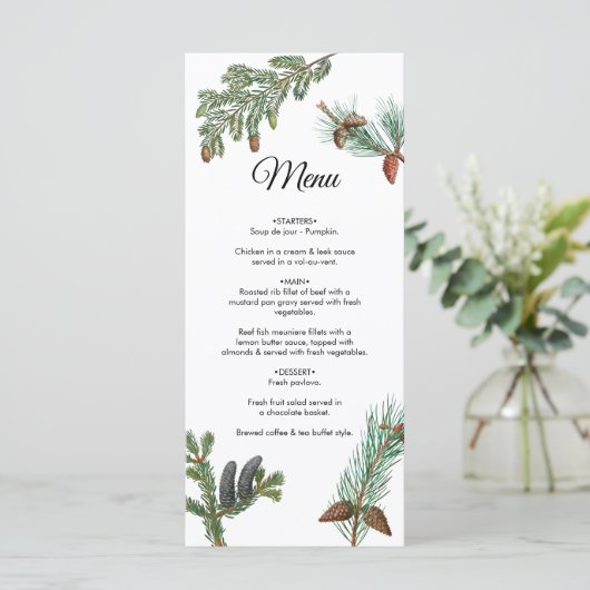 Rustic Pine Trees Forest Greenery Wedding Menu (Staand voorkant)