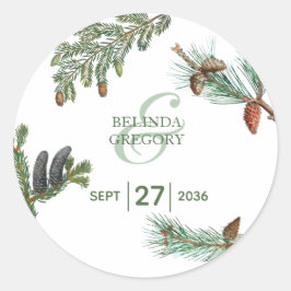 Rustic Pine Trees Forest Greenery Wedding Ronde Sticker