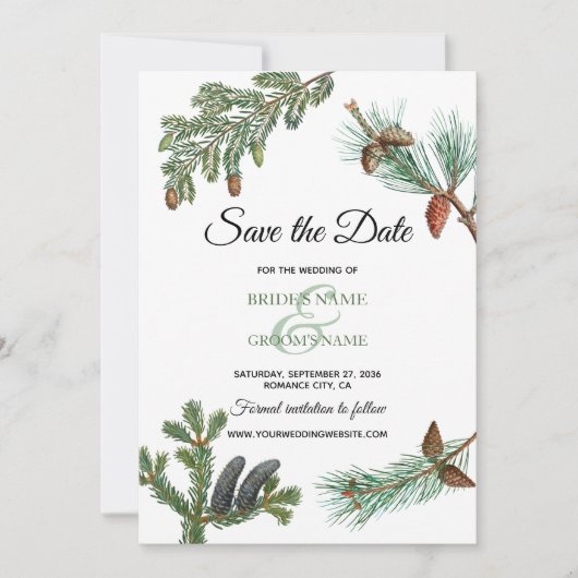 Rustic Pine Trees Forest Greenery Wedding Save The Date (Voorkant)