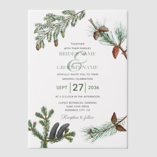 Rustic Pine Trees Forest Greenery Wedding Vellum Uitnodigingen (Voorkant)