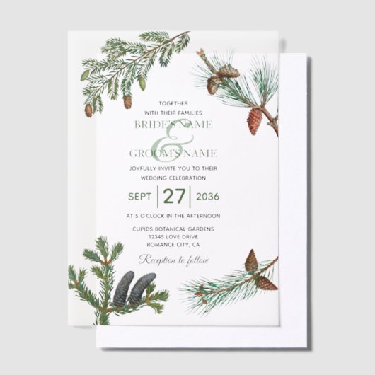 Rustic Pine Trees Forest Greenery Wedding Vellum Uitnodigingen (Offset)