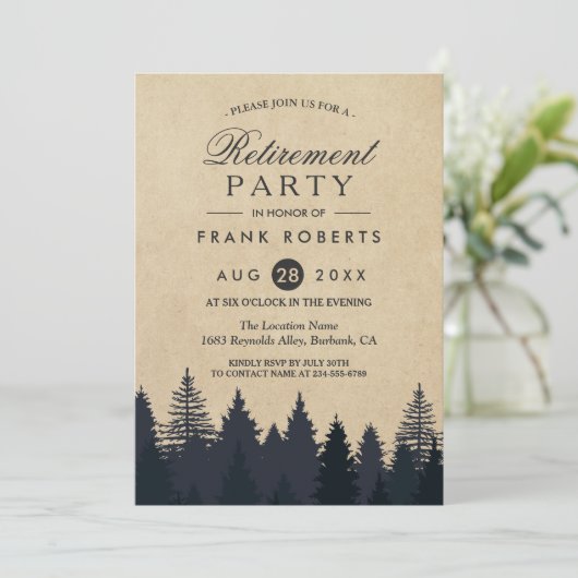 Rustic Pine Trees Forest Kraft Retirement Party Kaart (Staand voorkant)