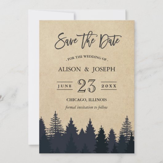 Rustic Pine Trees Kraft Wedding Save the Date (Voorkant)