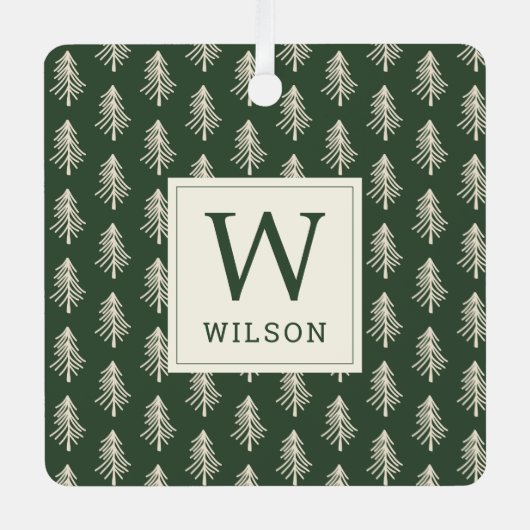 Rustic Pine Trees Monogram Kerstfoto Metalen Ornament (Voorkant)