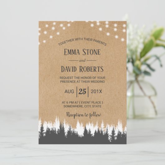 Rustic Pine Trees & String Lights Forest Wedding Kaart (Staand voorkant)